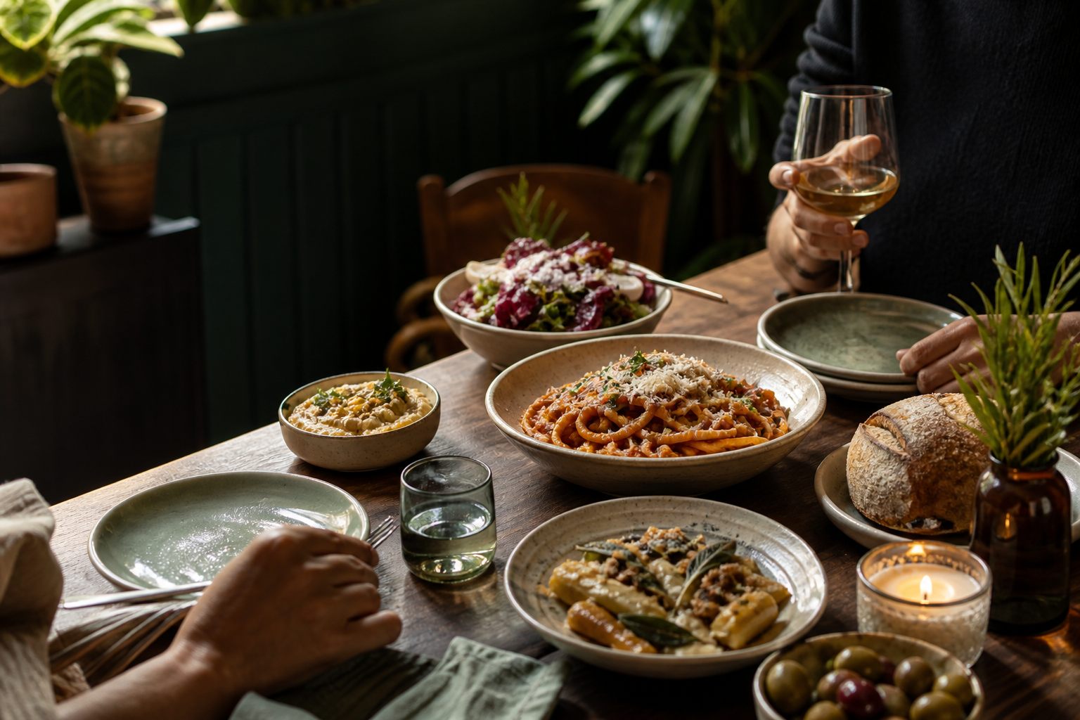 Friends sharing food around a warm neighbourhood restaurant table