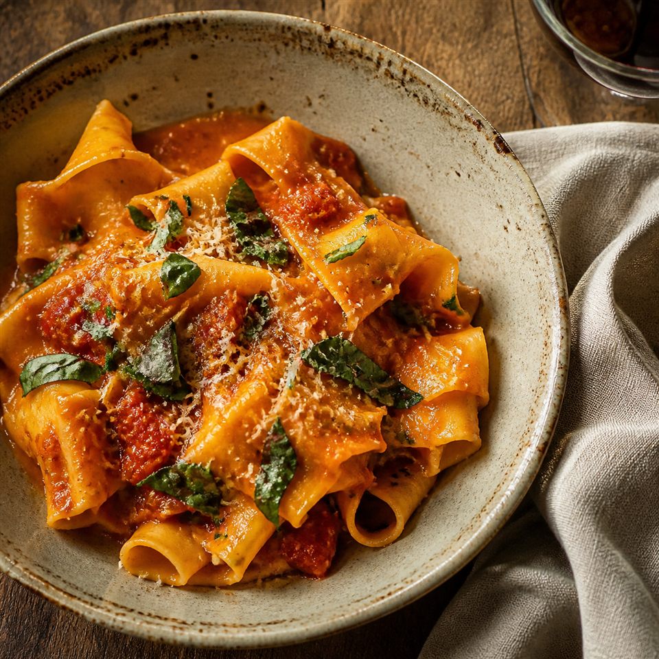 Handmade pasta with tomato sauce and fresh herbs