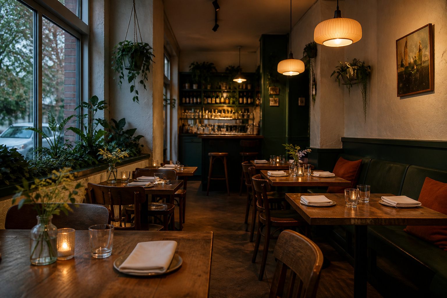 Warm neighbourhood restaurant interior with plants and set tables